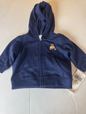 NWT Ralph Lauren Navy Baby Hooded Zip Sweatshirt with Teddy Patch-Size 3 months